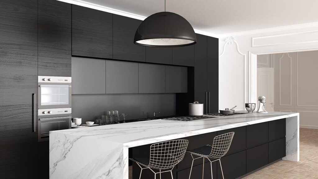 Cocina con isla en blanco y negro • Kitchen in