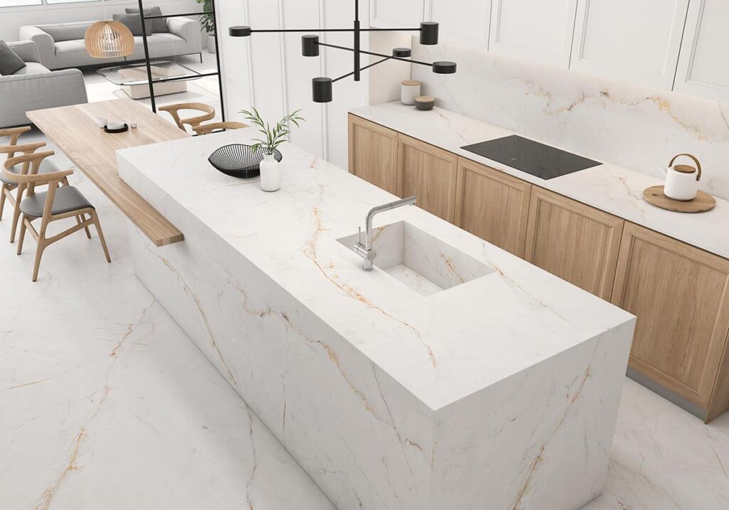 A Nordic-style kitchen with a marble island